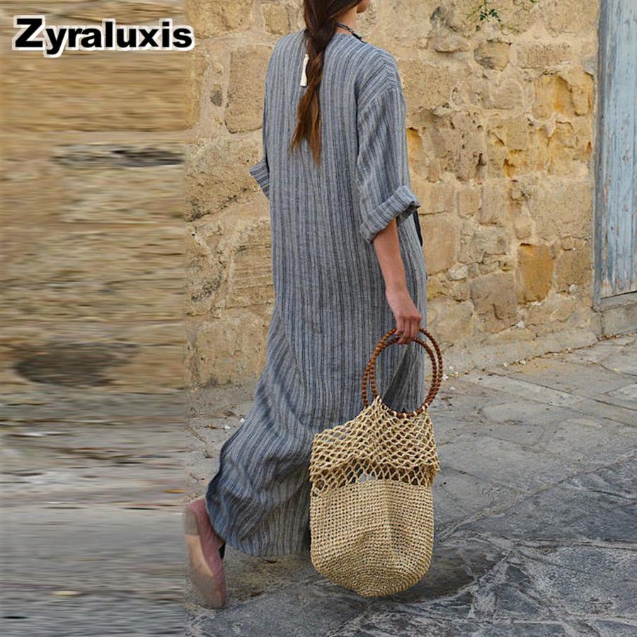 Trendy New Cotton Linen Color Striped Loose Long Dress