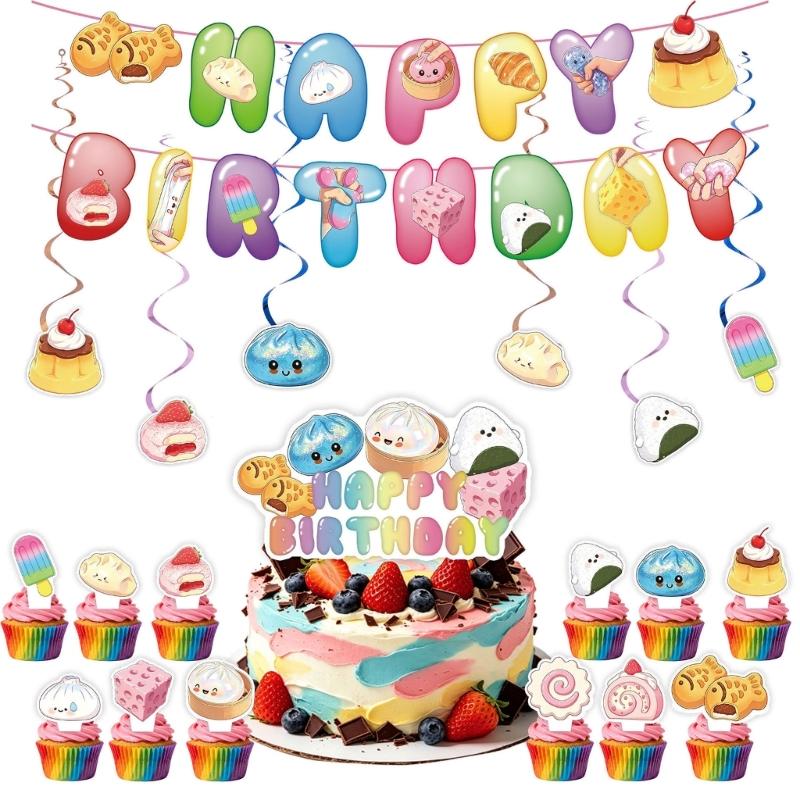 Birthday Party Supplies with Cartoon Food Characters and Happy Birthday Art for Table Arrangements and Hanging Displays