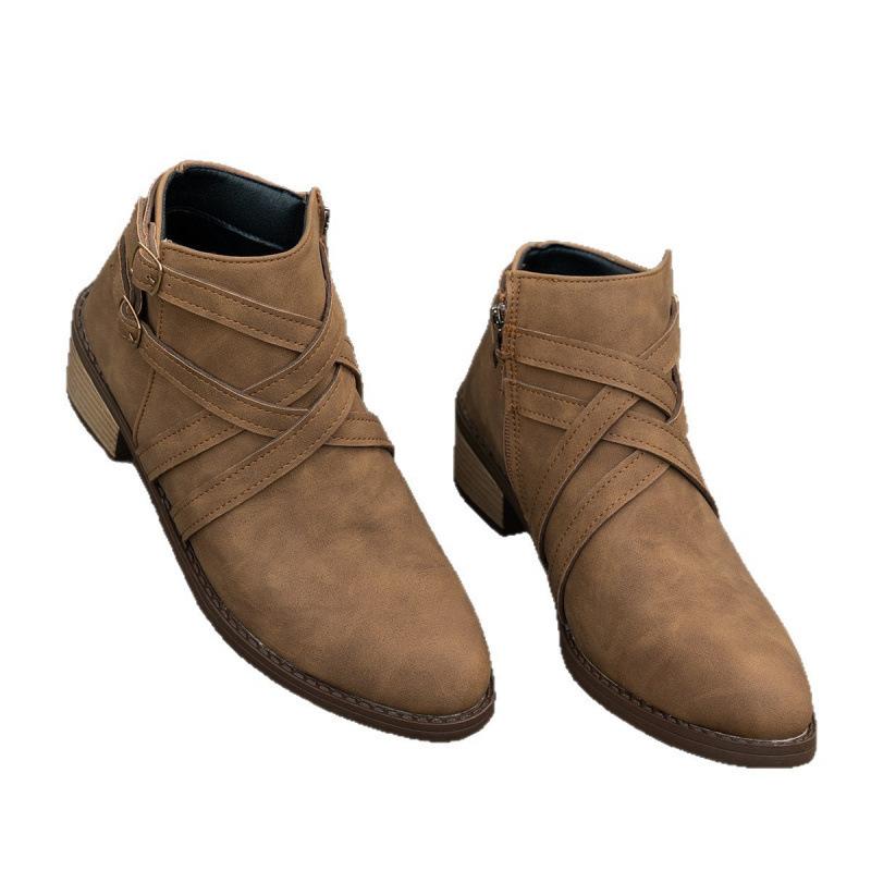 Spitze kurze Stiefel Herbst Neu Große Größe Kreuzriemen Seitenreißverschluss Niedriger Absatz Chelsea Boots