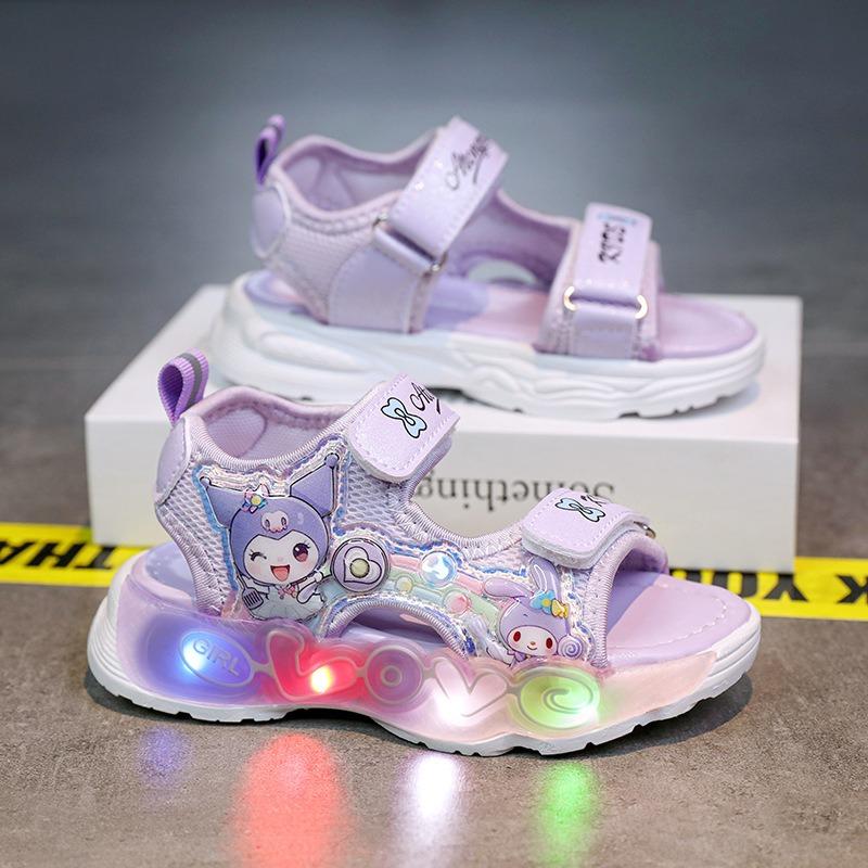 New summer girls princess sandals, kids hook & loop luminous beach shoes