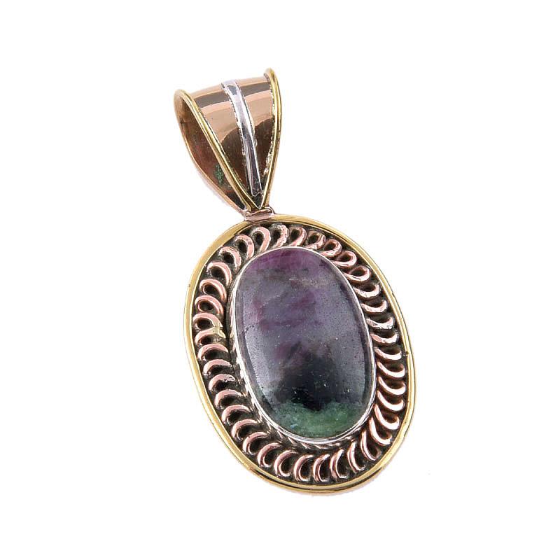 Ruby In Zoisite Lab-Created 925 Sterling Silver Gift Two Tone Pendant 1.50" Q8D13