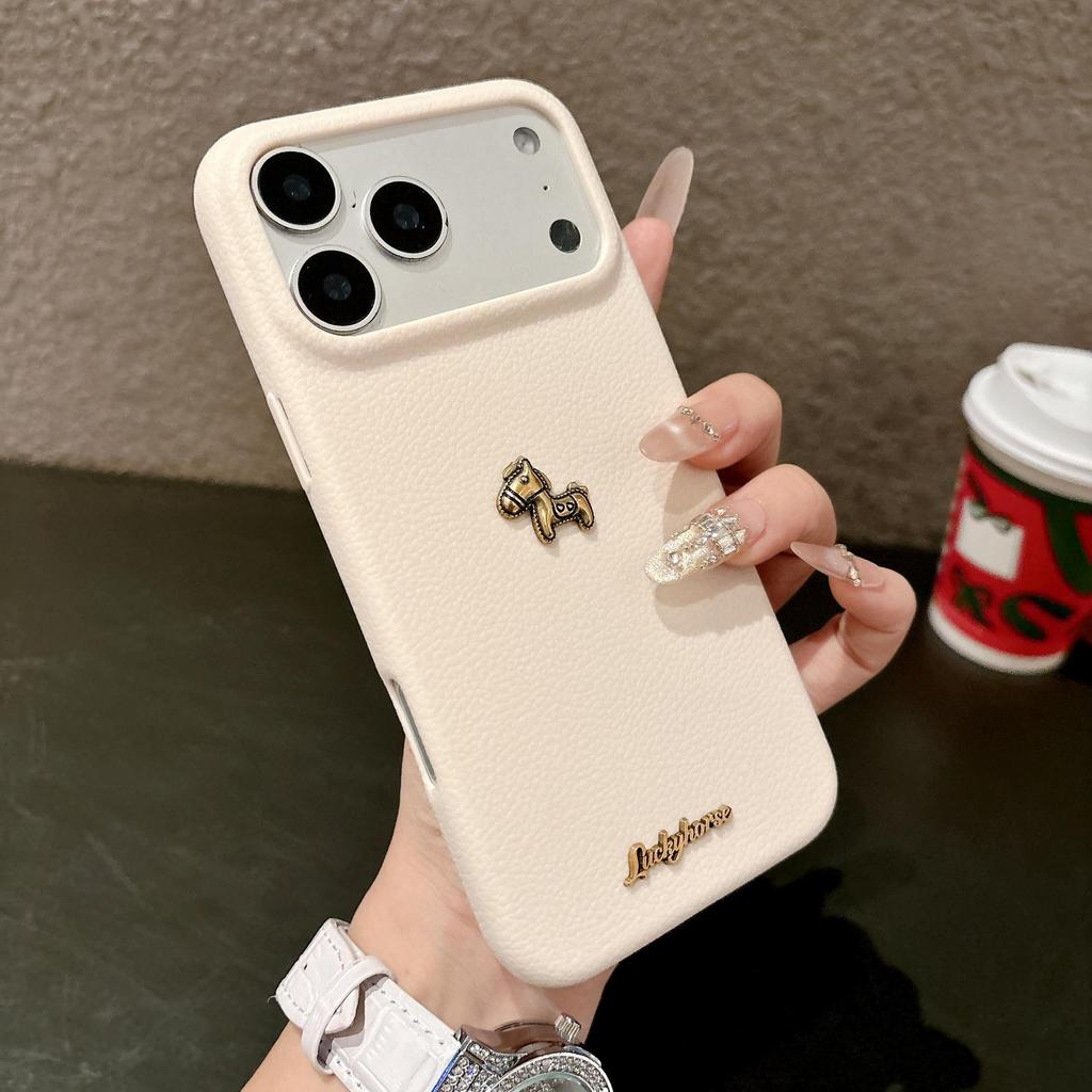 Apple iPhone 17 Promax Gold Little Horse Case, 16 Pro Leather Texture, 14 Soft Case, iPhone 15 Large Hole Cover
