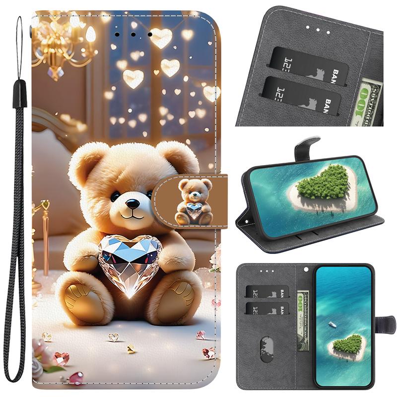 Note15/Note14Pro+ Cat Bear Case for Redmi 15C 14C 13C A5 A3 Note 15 14 13 Pro Plus 5G 4G Case Wallet Flip Stand Back Cover Strap