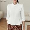 ZANZEA Women Casual Stand Collar 3/4 Sleeve Retro Blouse