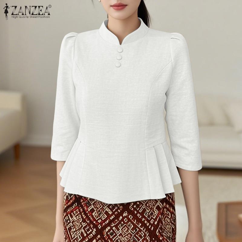 ZANZEA Women Casual Stand Collar 3/4 Sleeve Retro Blouse
