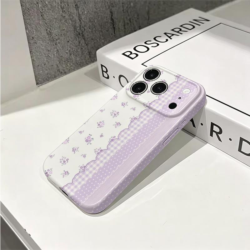 Feminine Patchwork Border Lavender Striped Floral Graphic Art Film Aesthetic Protective Phone Case Cover For iPhone 12 13 14 15 16 17 Pro Max Plus