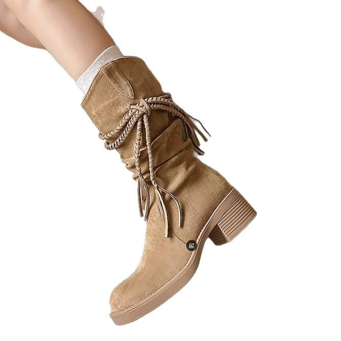 Egyptian style! Retro woven fringed stacking boots women's new medium-length knight boots thick-soled Martin short boots