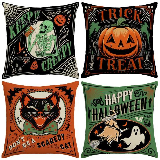 Festive Holiday Gift Ideas 4Pcs/Set Halloween Linen Cushion Covers, 18x18 Inch Retro Throw Pillow Cases, Covers for Sofa Skeleton Pumpkin Black
