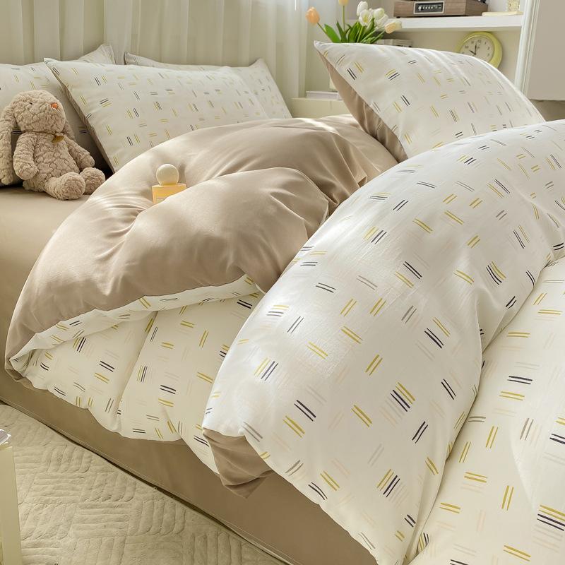 Class A Small and fresh 100% washed cotton 4pcs set, pure cotton polished quilt cover, single bed hat, student dormitory three 4-piece set