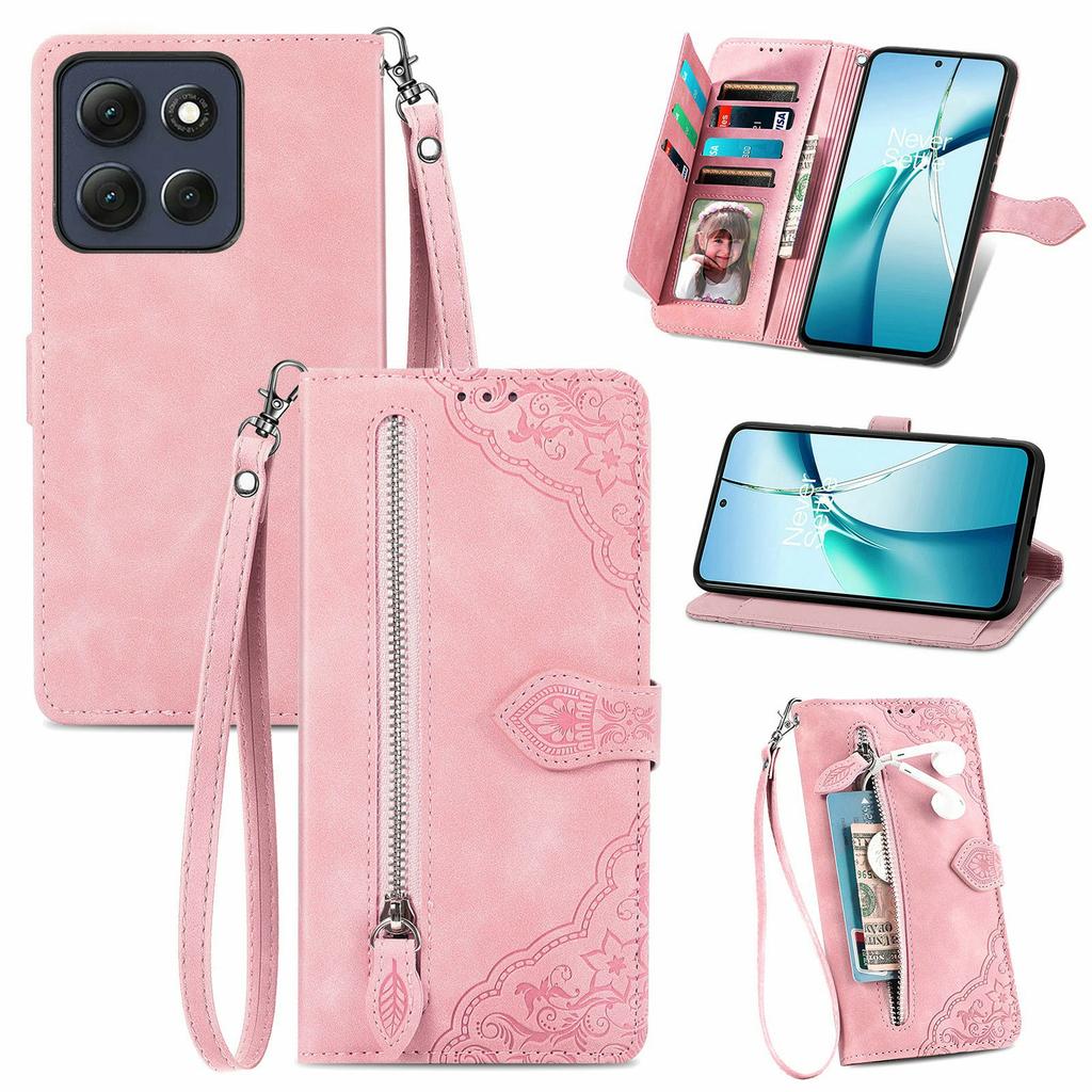 For Motorola Moto G86 Power 5G Zipper Wallet Case with Strap Flower Imprint PU Leather Phone Cover