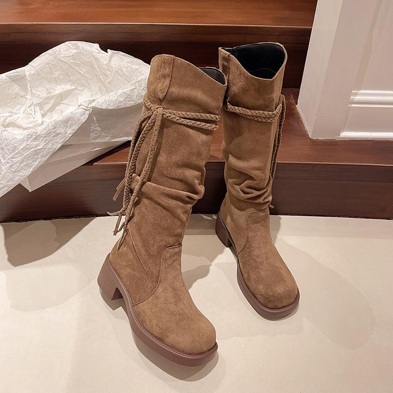 

Retro thick-soled stacking boots brown Maillard boots children s new summer and autumn western cowboy tall knight boots 40 коричневый