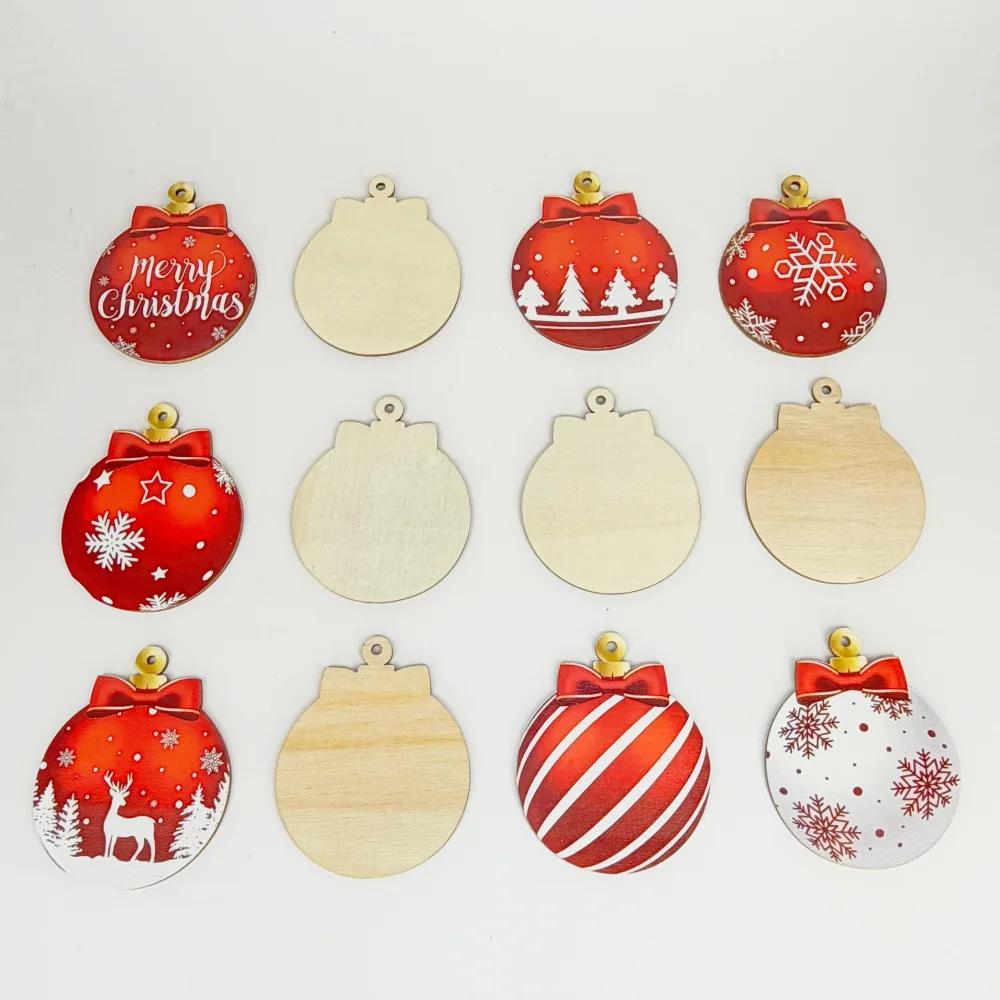 48pcs/set Red and White Wooden Christmas Ball Ornament Elk Snowflake Pattern Christmas Party Hanging Decoration Supplies Winter