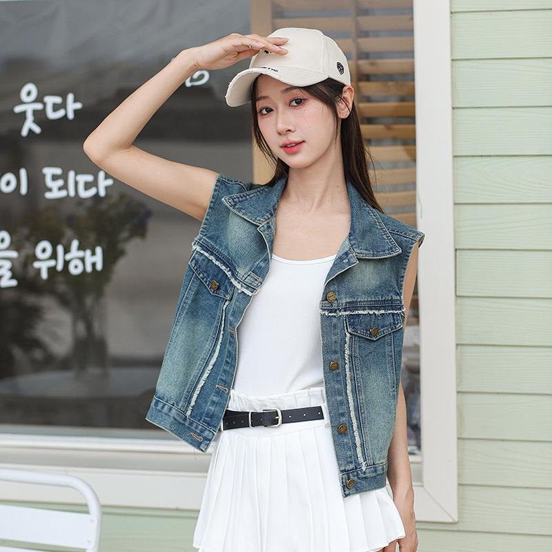 Hong Kong Style Retro Frayed Denim Vest – Trendy, Versatile, Loose, Soft, Skin-Friendly