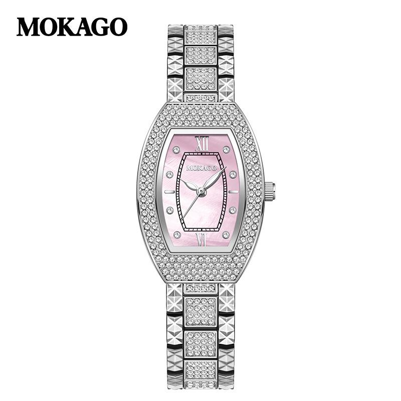 Mokaka Luminous Rhinestone Quartz Women s Watch with Mother-of-Pearl, Barrel Shape, Roman Numerals, Waterproof Design.