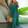 Summer Women Loose Short Sleeve Swing Dress Solid Color Large Size V Neck Fashion Long