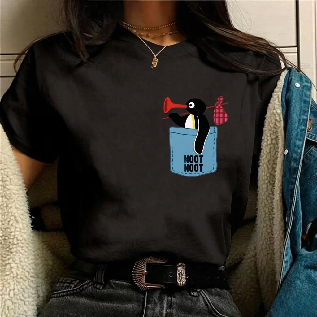 2026 Funny Pingu Print Womens TShirt Unique Casual Cute Street ShortSleeve TShirt Breathable Womens Top Kawaii Clothing