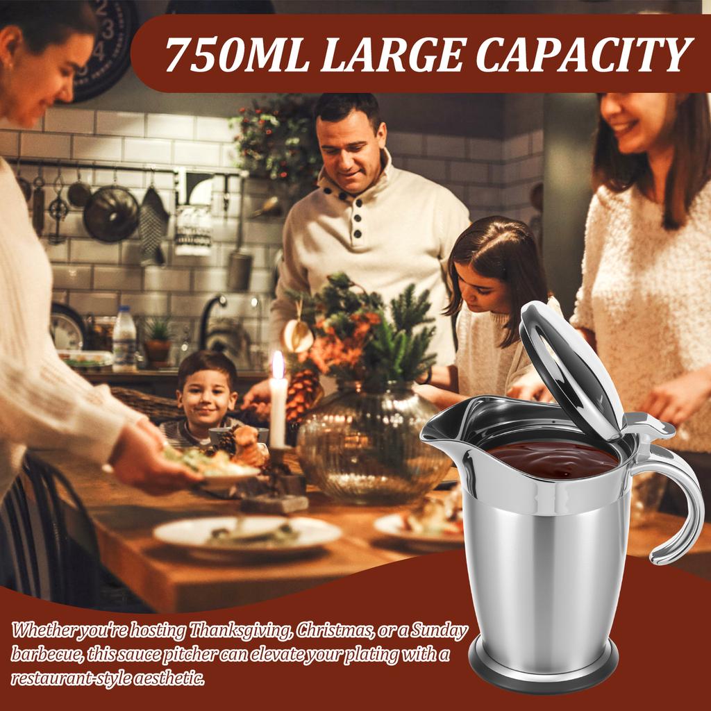 450ML/750ML Double Wall Gravy Jug Stainless Steel Sauce Pot Resistant Wide Spout Gravy Boat with Lid for Home Restaurant Kitchen