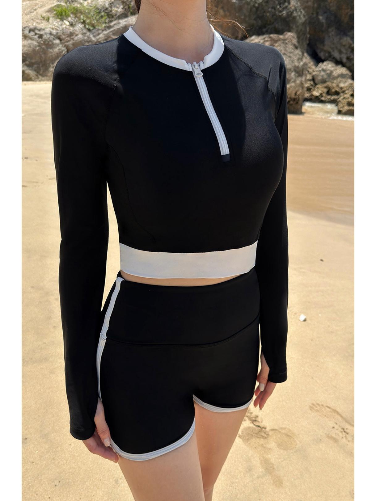 

Женский консервативный комплект из двух частей: купальник бикини с длинным рукавом на молнии и плавки с квадратным вырезом. Extra Large чёрный