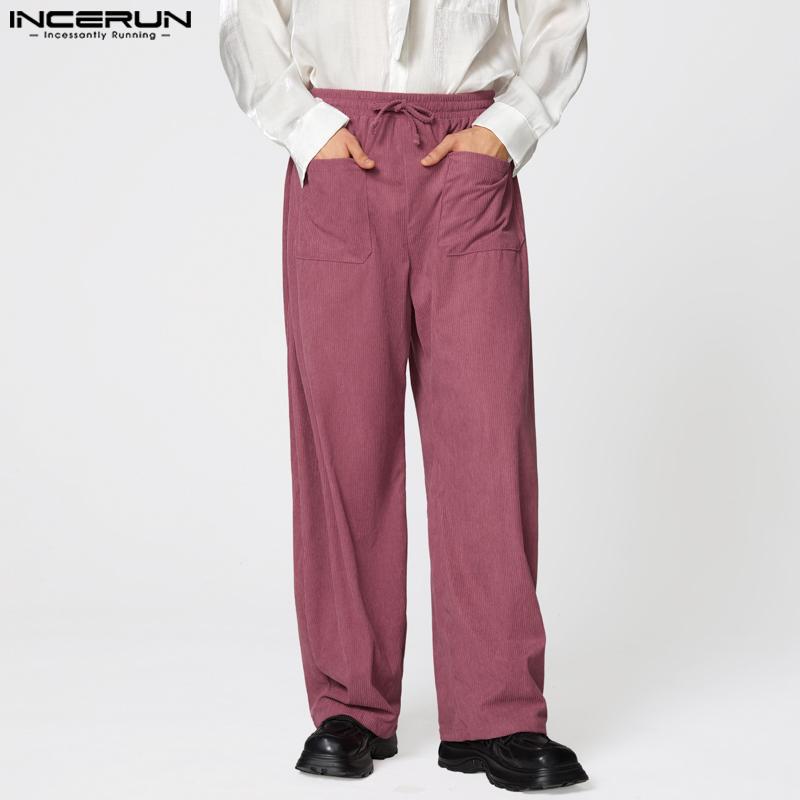 INCERUN Men Drawstring Elastic Waist Texture Pockets Casual Long Pants Trousers