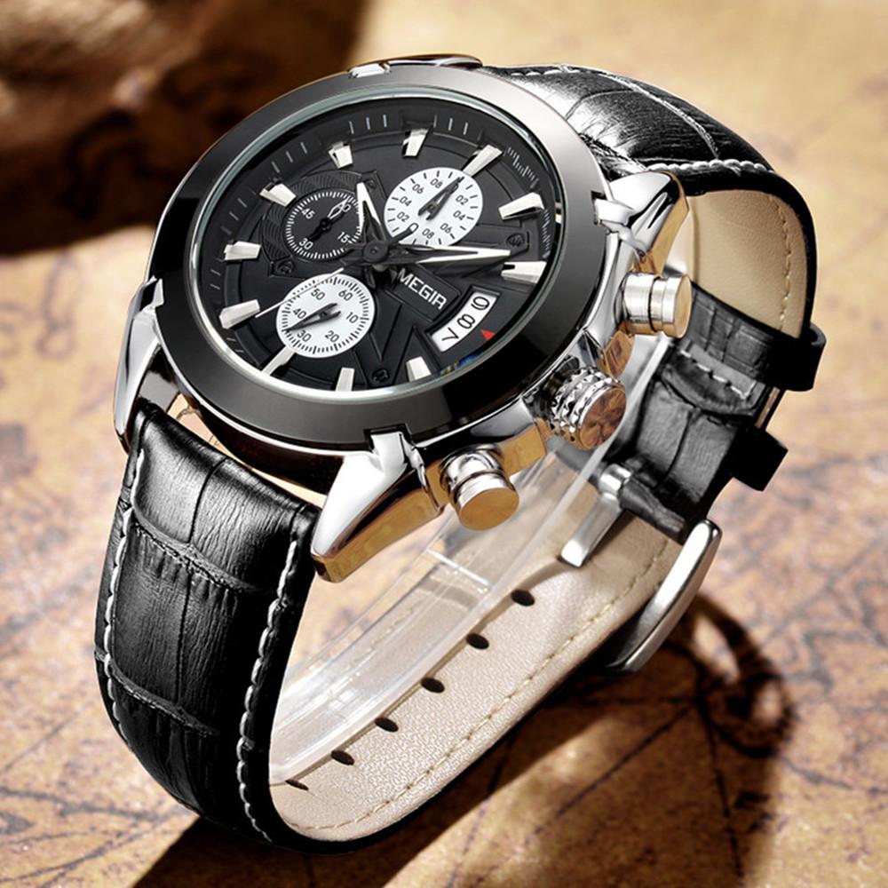 MEGIR Brand Fashion Sport Watch for Men 47MM Big Dial Clock Waterproof Casual Quartz Wristwatch Leather Strap Chronograph 2020