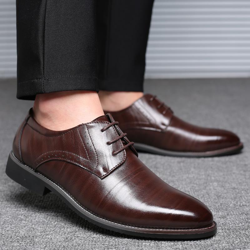 Fashion 2024 New Men’s Leather Shoes British Style Men's Dress Shoes Lace Up Pointed Toe Wedding Business Party Social Shoe Male
