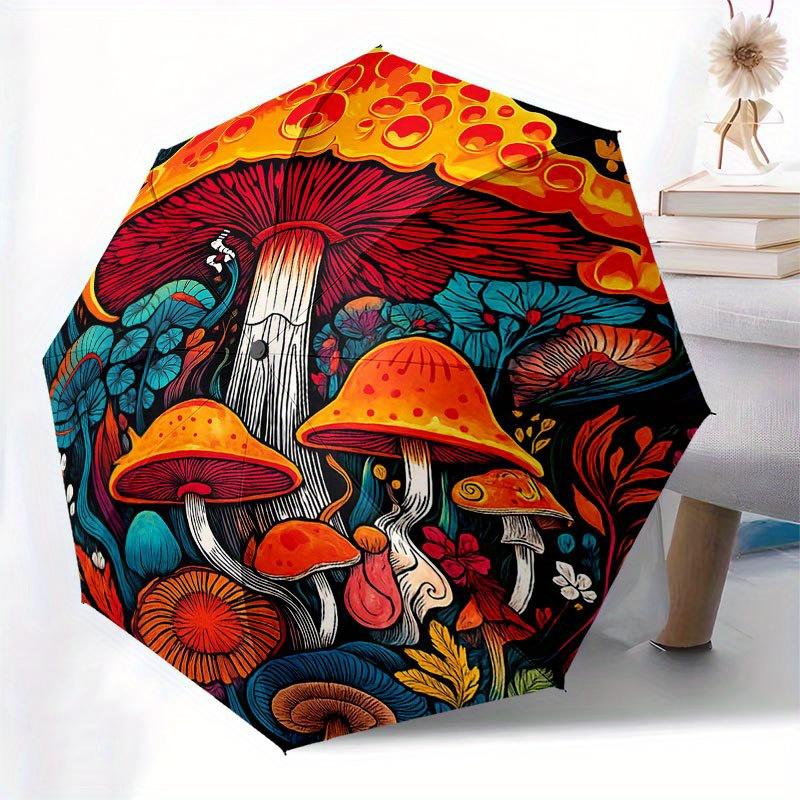 Psychedelic Mushroom Garden Wall Art Print Umbrella, Cute Umbrella with Cute Design, Portable 3-Fold Compact Umbrella for Men & Women, Valentine's Day