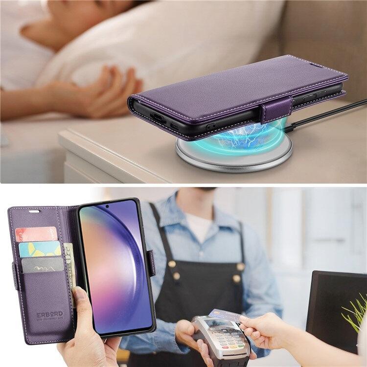 Samsung Galaxy A55 Case, ERBORD Glossy Litchi, Wallet Flip Case, Purple