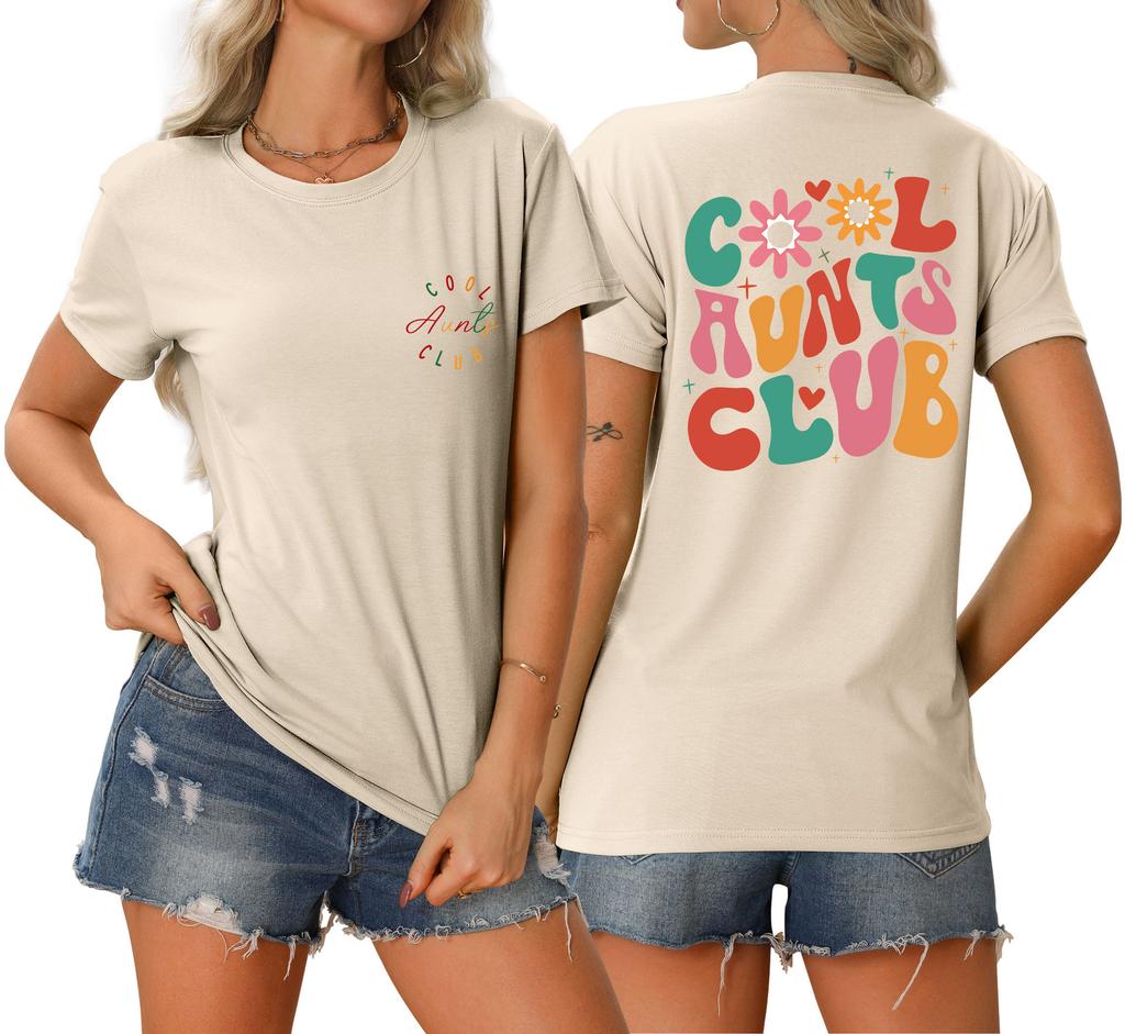 Summer new Womens round neck cool aunts club front and back printed Tshirt loose casual shortsleeved top with a stylish pullo