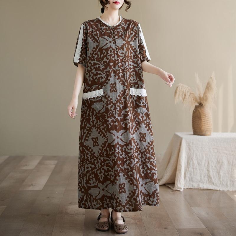 Short sleeve Plus size Cotton linen vintage floral new in dresses for women casual loose long summer dress