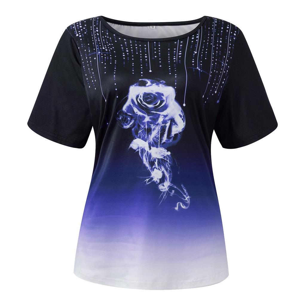 Women's  Fashion Summer New Round Neck Rose Print Short Sleeve Casual T-shirt Top