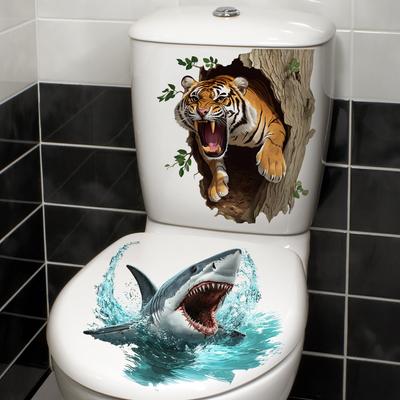 Blickender Tiger und Hai Toiletten- und Wandaufkleber Set Wasserdicht Selbstklebend Abnehmbare Aufkleber für Badezimmer WC Dekoration