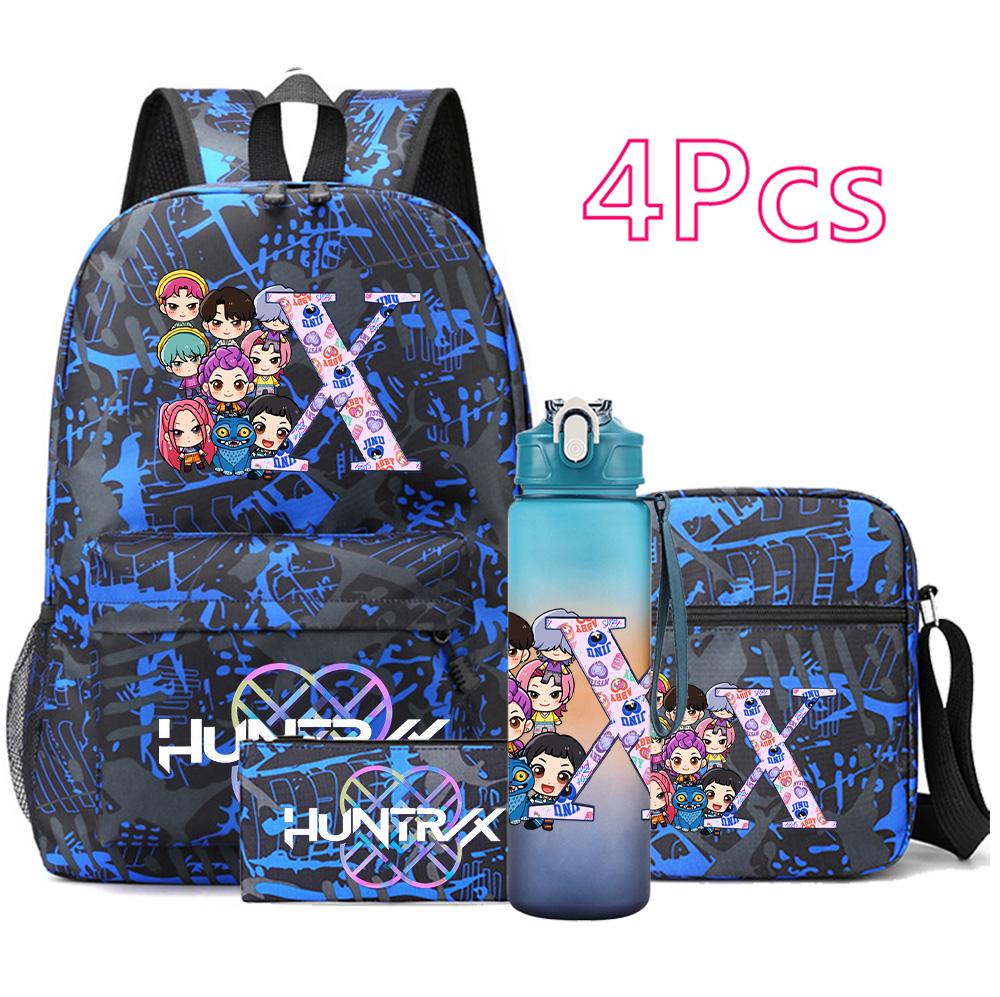 4Pcs/set 26 English Letter Printed Backpack Large Capacity Bookbag Shoulder Bag Case Bag with 750ml Water Bottler Boy Girl Waterproof SchoolBag Gift
