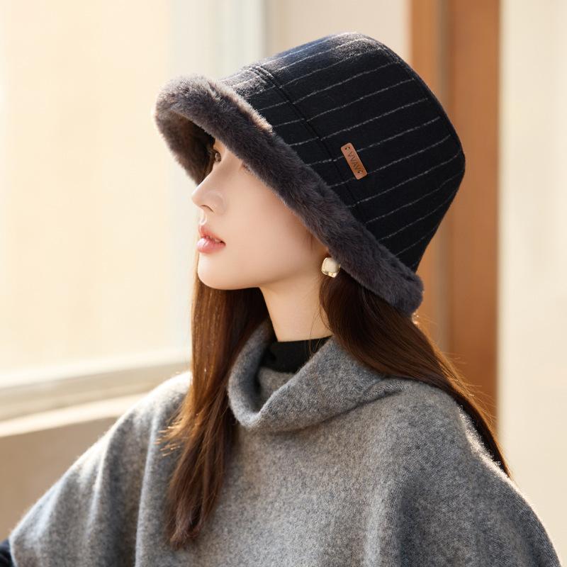 Осенне-зимняя шапка женская бархатная утолщенная полосатая панама холодостойкая теплая шляпа-ведро One size