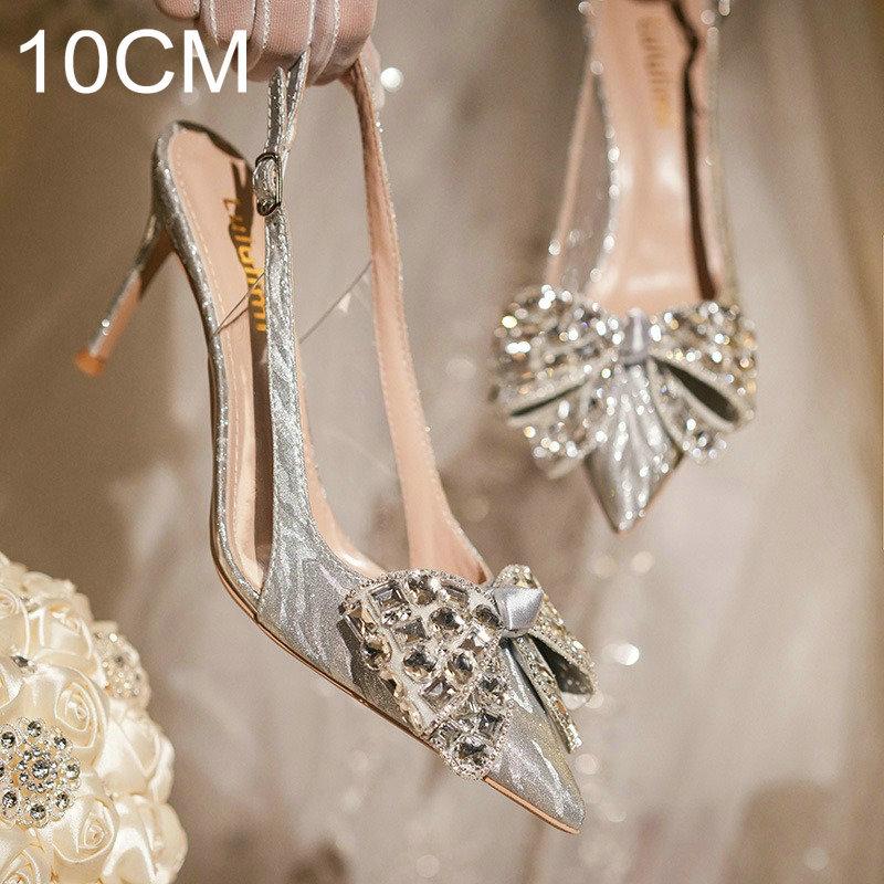 Fashion 2025 New Crystal Wedding Shoes Thin Heel Pointy Baotou Autumn Bride Shoes Fashion Rhine-Diamond Bridesmaid High Heel Sandals