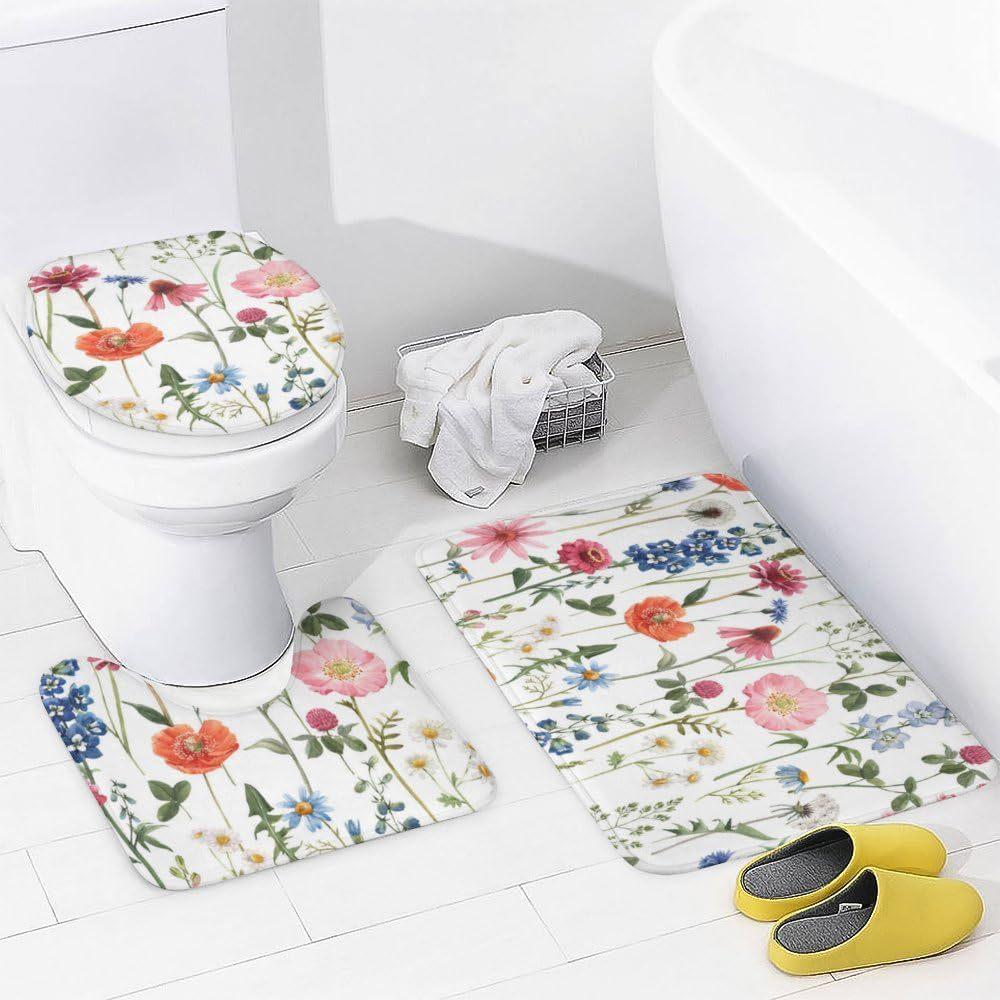 Flower Watercolor Field Flower Shower Curtain With 4 Pieces Absorbent Bathroom Mat Bathroom Curtain With Soft Bath Wheel U-Shaped Mat
