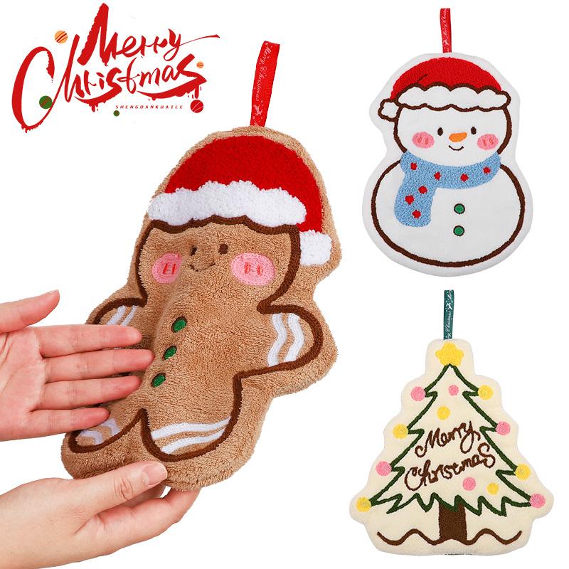 1pc Christmas Gingerbread Man Snowman Hand Towel Coral Fleece Soft Absorbent Holiday Kitchen Bathroom Decoration Xmas Home Gift