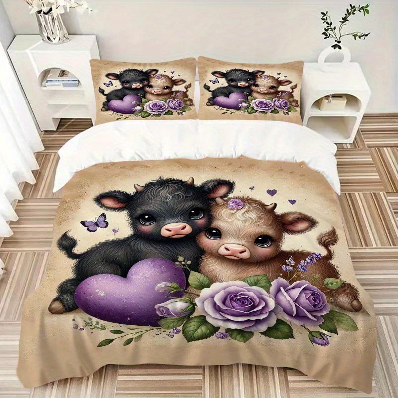 3pcs Calf Love Bedding Set Down Comforter Cover and Pillowcases, Suitable for All Seasons(No Insert)-0729034 135x200cm