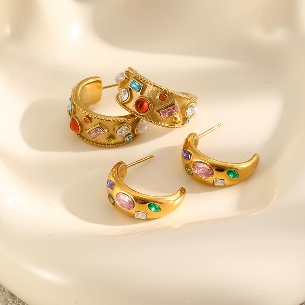 18K Gold Plated Geometric Light Luxury Earrings with Titanium Steel, Colored Diamond, and Pearl Moon Design for Women