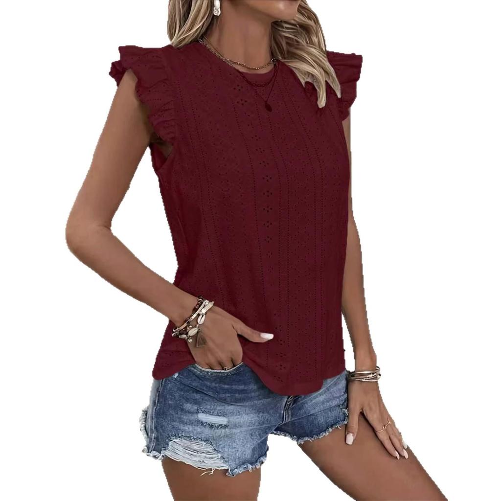 2026 Spring/Summer Round Neck Ruffle Sleeve Back Tie Solid Color Women's Top