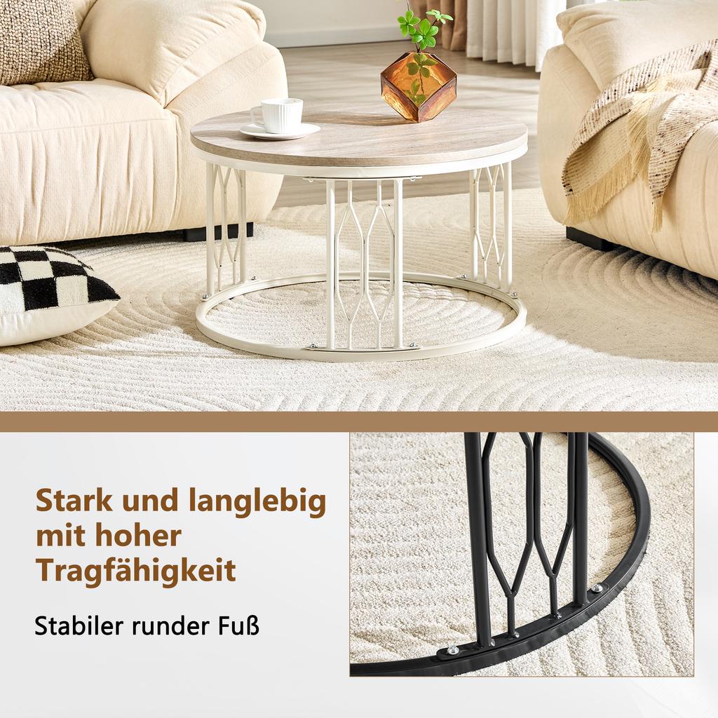 Round Coffee Table with Wood-Look Top and Metal Frame, Modern Living Room Table with Geometric Iron Frame, Sturdy Round Side Table, approx. 70x40.5 cm