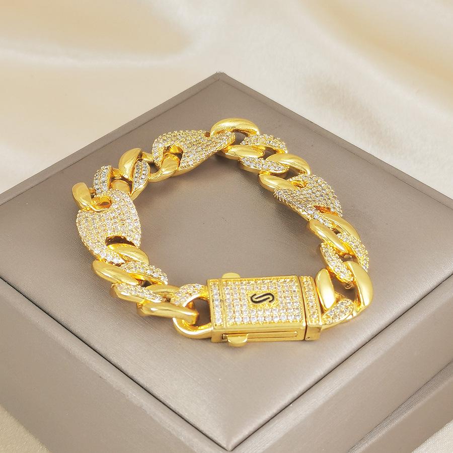 European & American Cuban Bracelet: Diamond Inlaid 24K Gold-Plated Chain for Men & Women in Hip Hop Style