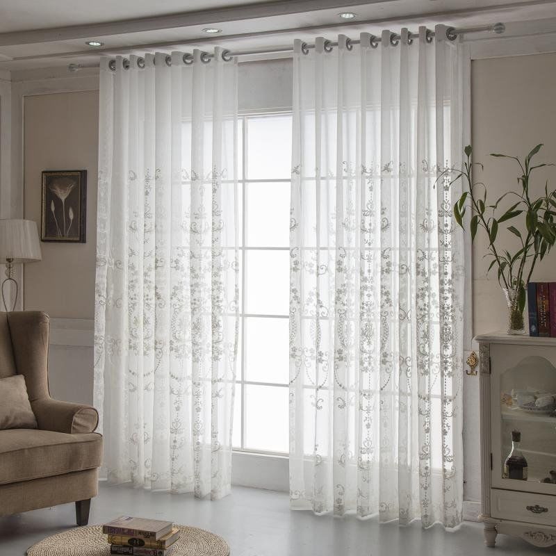 1pc Modern Embroidered Sheer Curtain Panel Rod Pocket Window Drapes for Living Room Bedroom, Geometric Pattern All-Season Pastoral Style