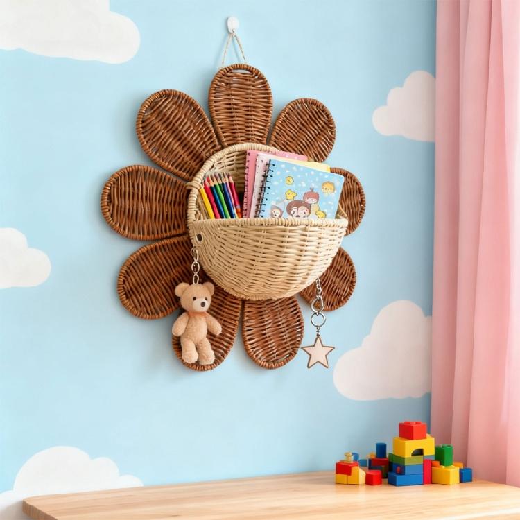 Sturdy PP Rattan Wall Hanging Basket Featuring Sunflower Decoration For Flower Presentation And Household Storage