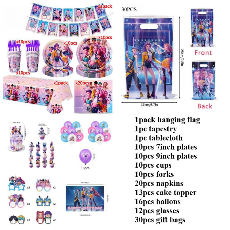 Decoración para Fiesta de Cumpleaños Kpop Vajilla Set Suministros para Fiesta de Cumpleaños Globos Topper para Pastel Bandera Colgante Vasos Decoración Fiesta K-pop