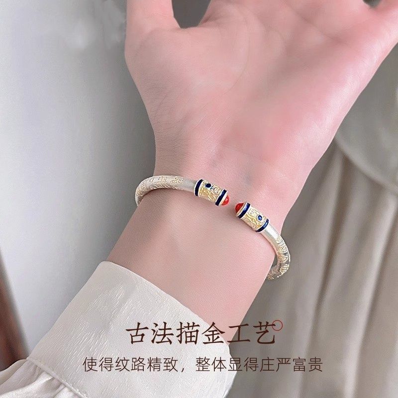 New Tang grass pattern couple bracelet silver-plated roll grass pattern enamel painted gold solid bracelet New Chinese Qixi Festival gift