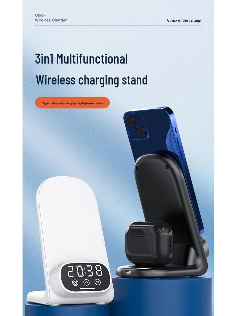 Multi-functional Wireless Charger & Phone Holder with Digital Clock and Bluetooth Earphone Dock