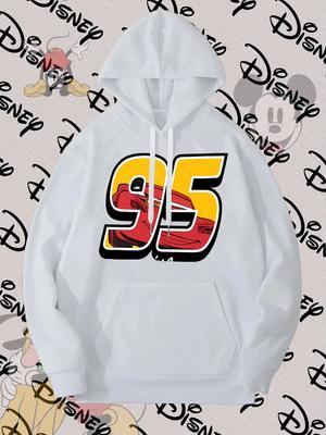 95 McQueen Hoodie - Black and White Racing Printed Long Sleeve Loose Drawstring Perfect for Casual Outdoor Events and Parties