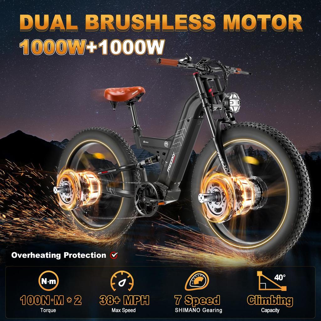 Freesky M530 Electric Bike, 2 * 1000W Dual Motor, 48V 30Ah Battery, 26*4.0'' Fat Tires, Range 120KM,  Max 64 KM/H, Dual Suspension