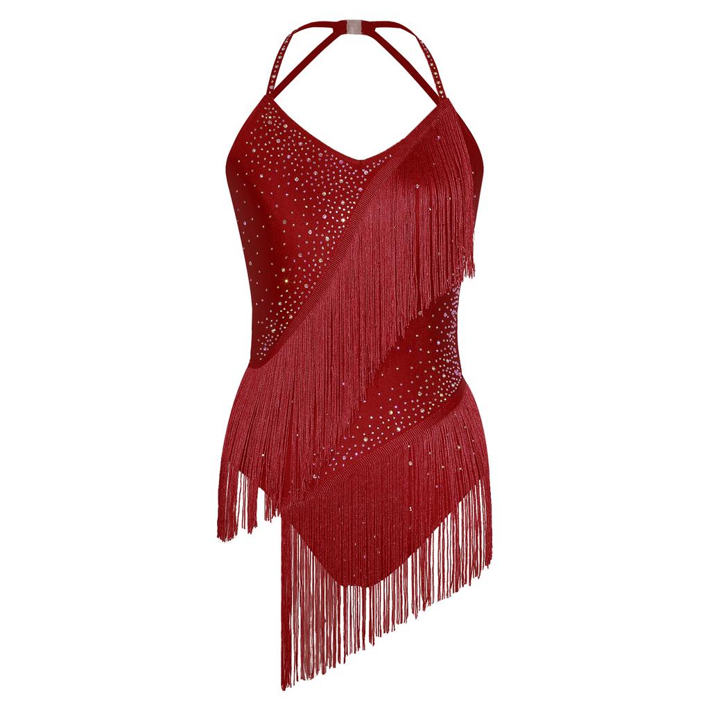 Womens Latin Dance Leotard Halter Neck Backless Design Rhinestone and Tassel Embellishments for Competitions and Shows