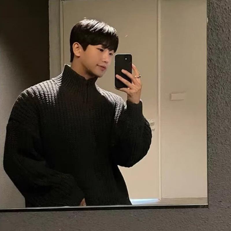 Men Stand Collar Zipper Loose Knit Cardigan Sweater Jacket